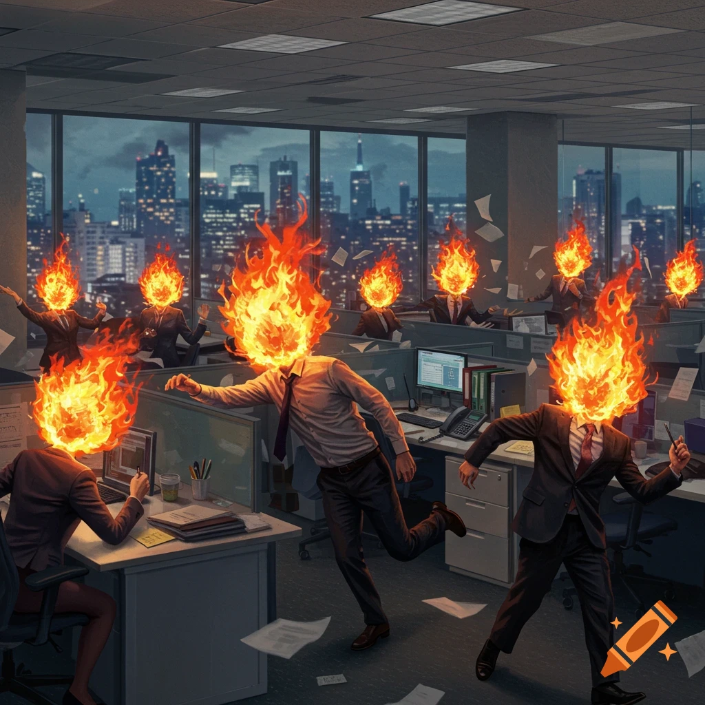 People with heads on fire running through a chaotic, dimly lit office with a city skyline view.