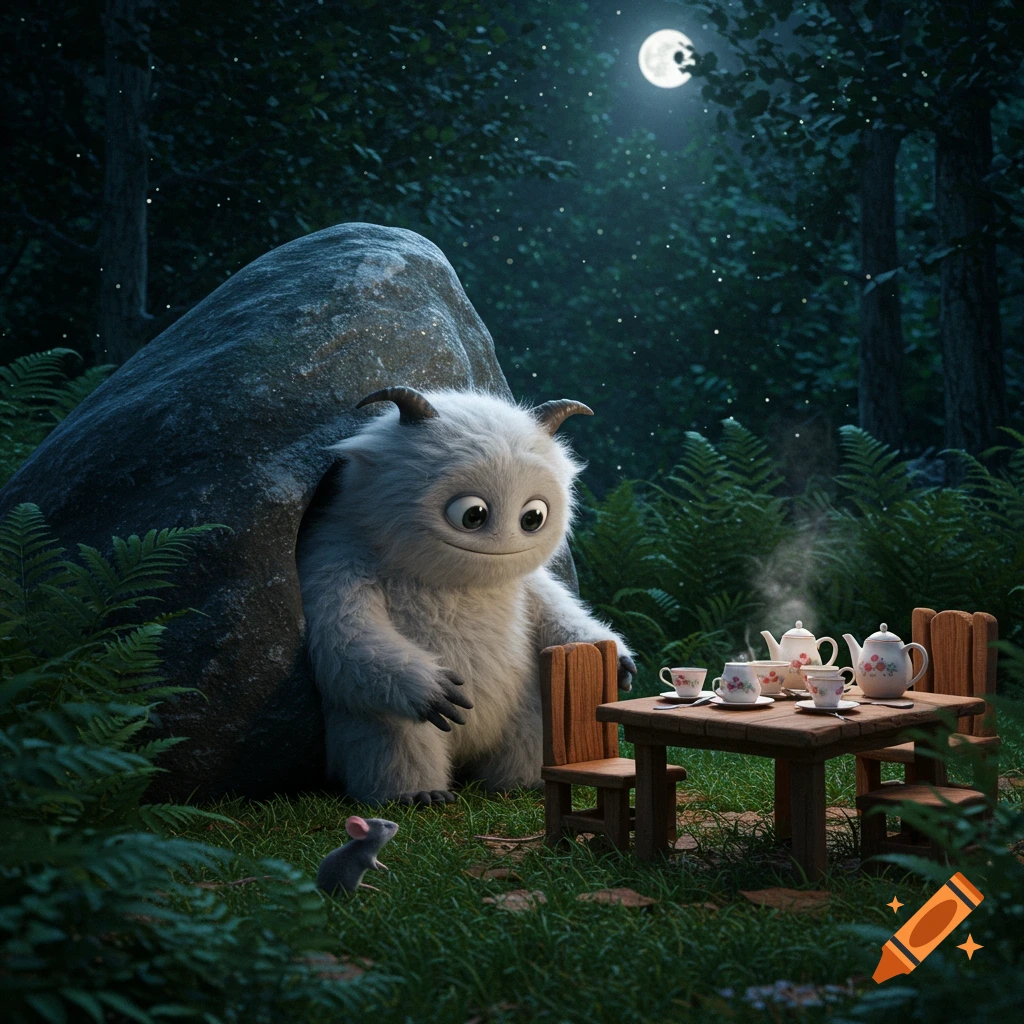 A fluffy white monster and a small mouse at a tea party in a dark, moonlit forest, next to a large boulder.