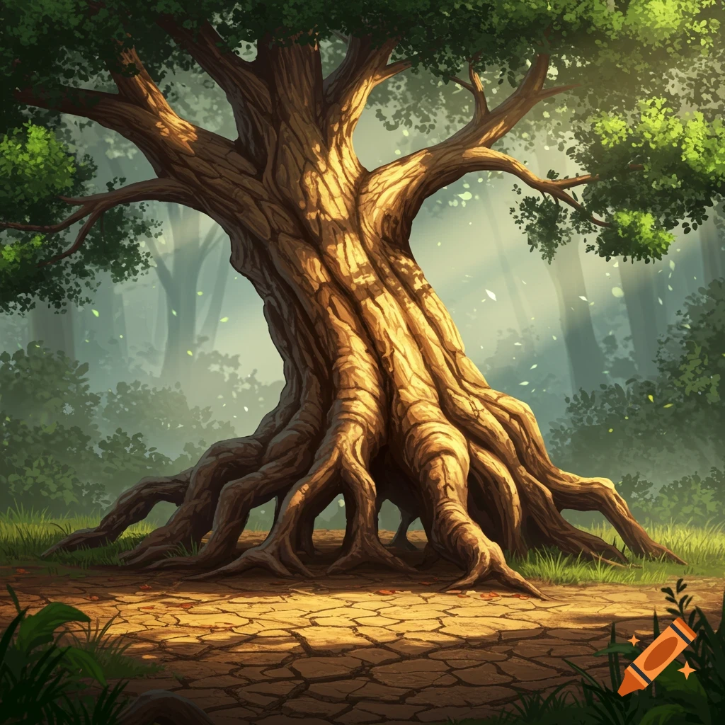 A vibrant illustration of a large, old tree with strong exposed roots, bathed in sunlight, standing on cracked earth in a misty forest.