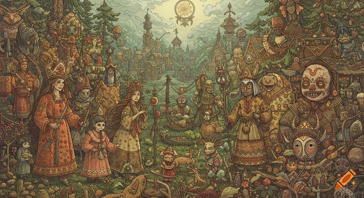 Intricate illustration of folkloric figures, spirit animals, and unusual creatures in a mystical forest with a village in the background.