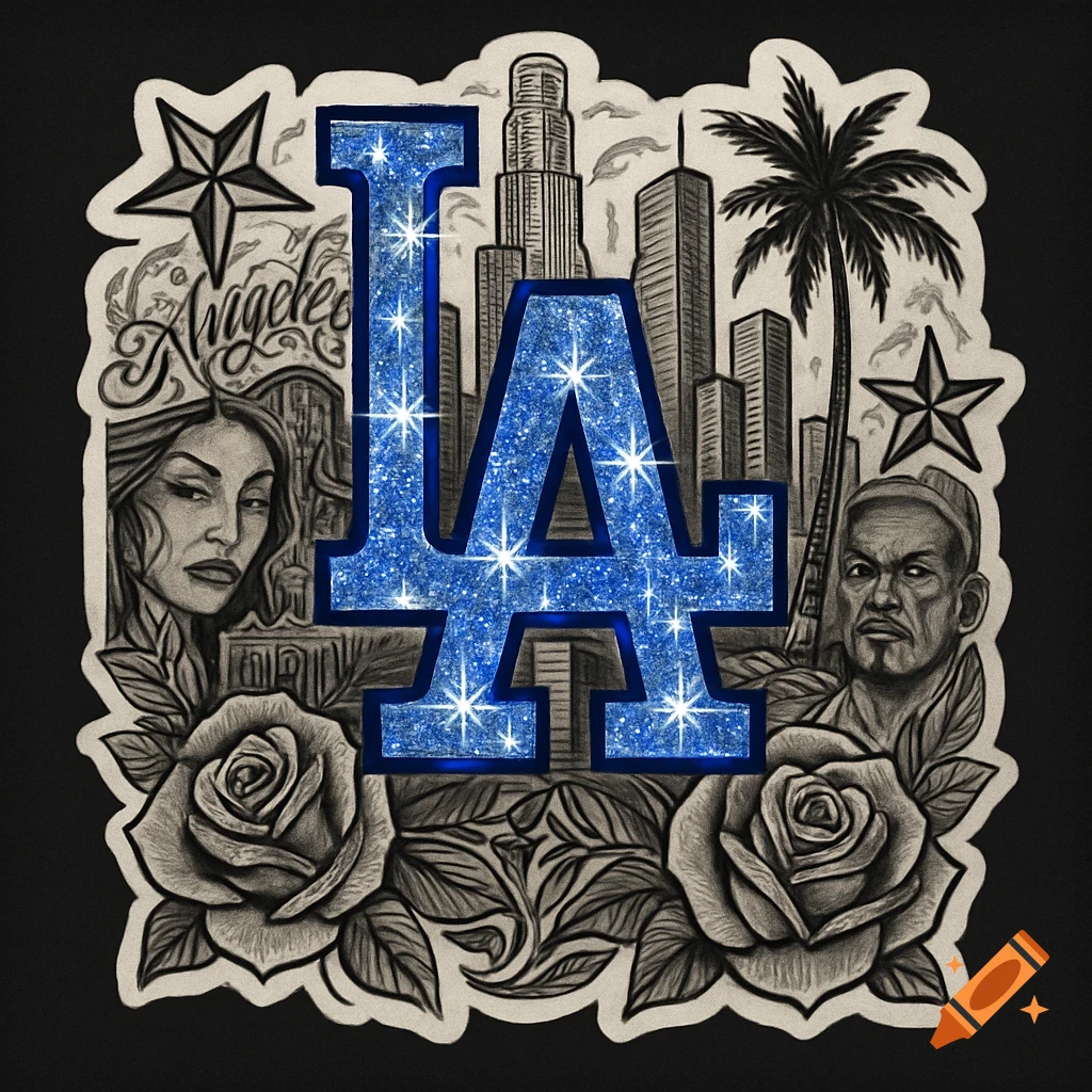 A stylized Chicano art design featuring a glittery blue 'LA' logo, outlined, with a cityscape and palm tree in the background, flanked by two stylized faces, roses, and stars, designed as a cutout for a t-shirt.