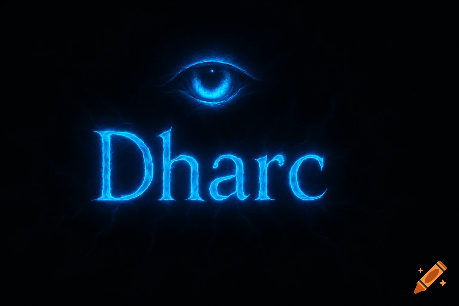 Glowing electric blue "Dharc" text with a matching eye above it on a black background.