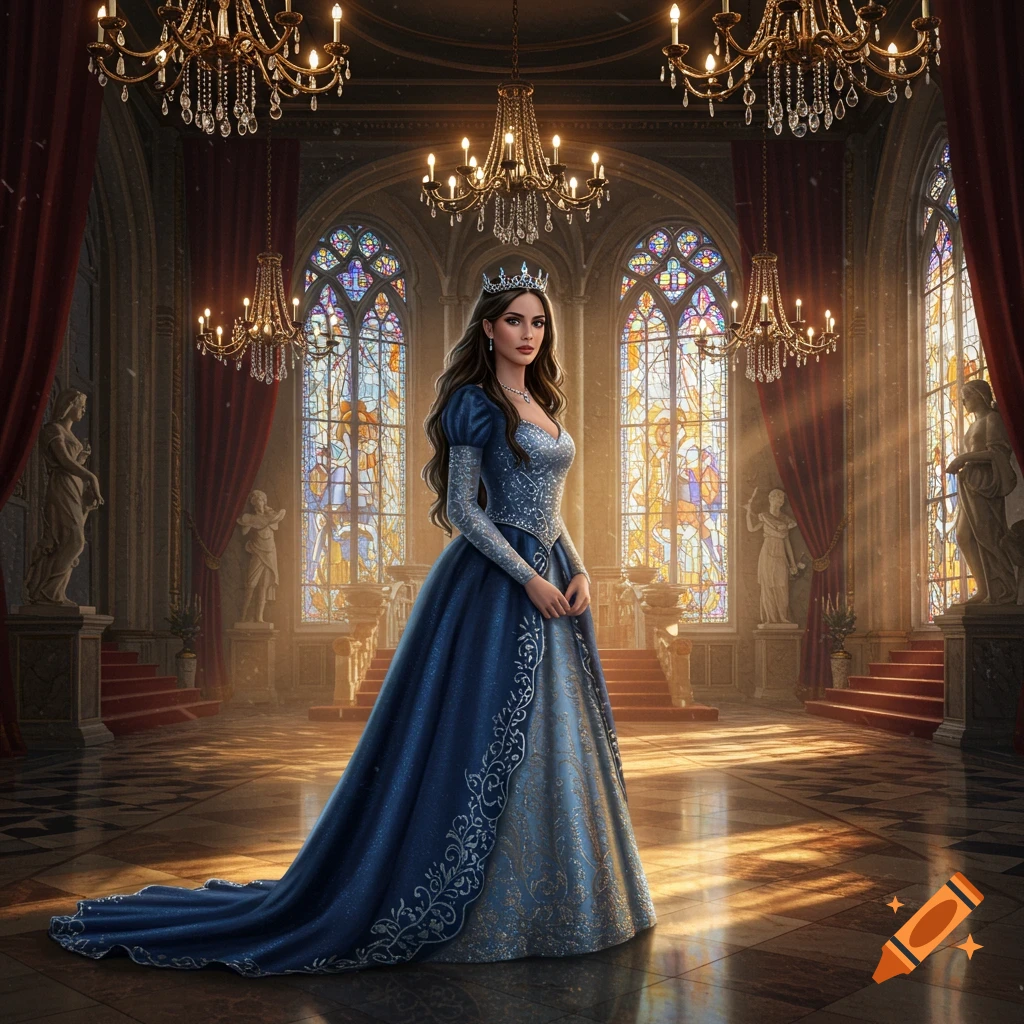 A regal princess in a blue gown stands in a grand, chandelier-lit palace hall with stained glass windows.