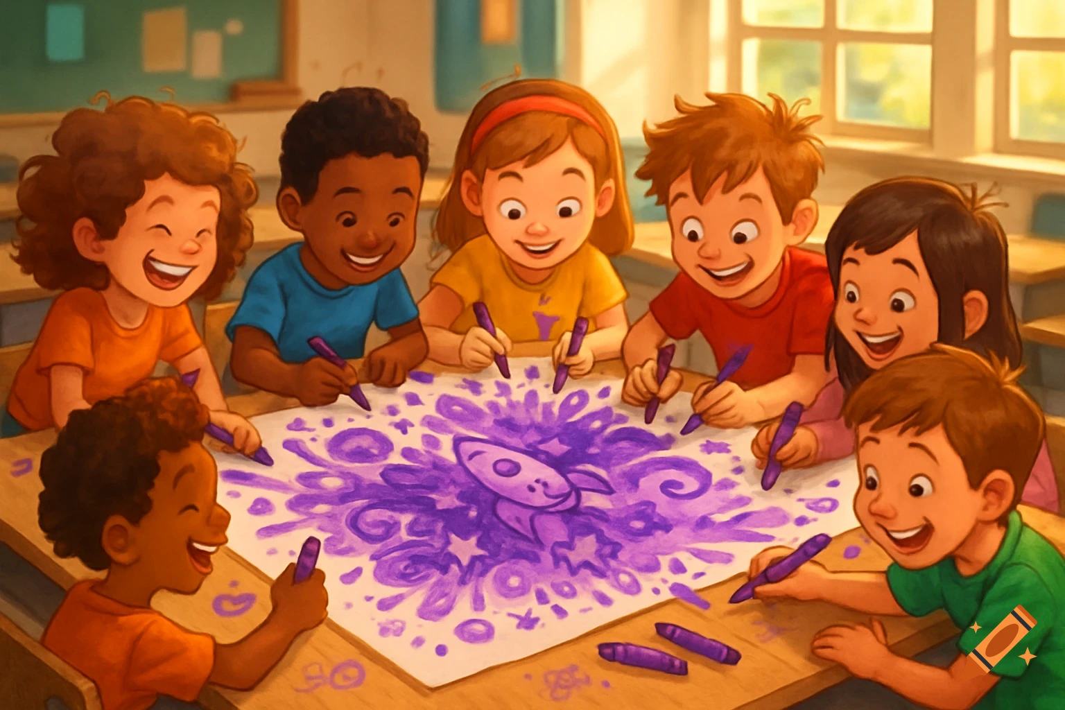 Seven diverse children happily drawing a purple rocket on a large piece of paper with crayons in a bright classroom.