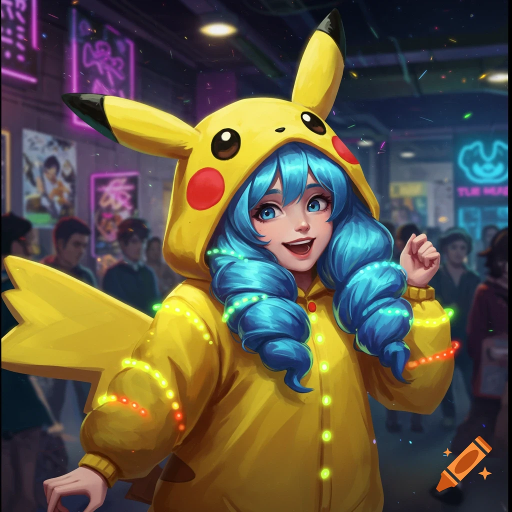Anime girl with blue hair in a Pikachu suit smiles on a neon-lit street, surrounded by lights.