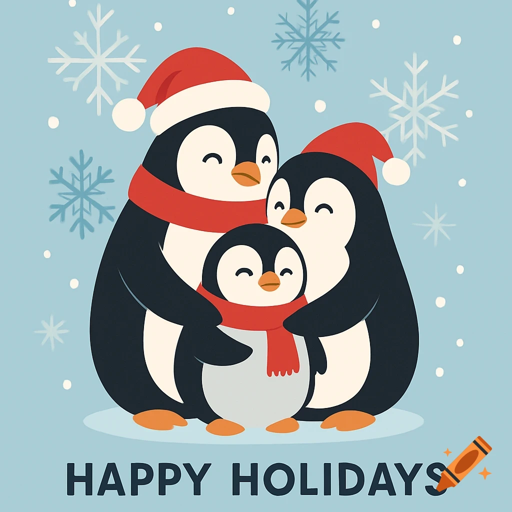 A cartoon illustration of three penguins, a family, wearing Santa hats and scarves, embracing amidst falling snowflakes. Text reads 'HAPPY HOLIDAYS'.