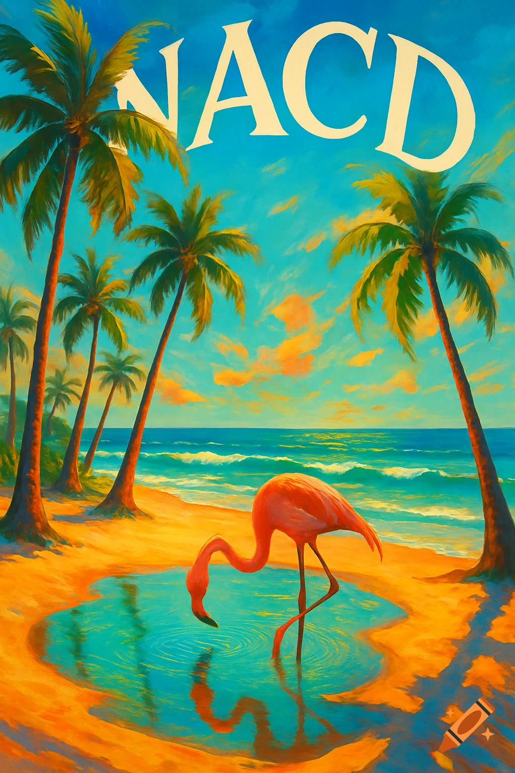 Vibrant illustration of a tropical beach with palm trees, ocean waves, and a pink flamingo drinking from a puddle. 'NACD' text in sky.