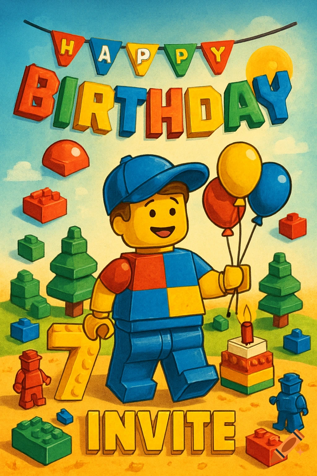 Lego-style birthday invitation with a minifigure, balloons, cake, and 'Happy Birthday 7 Invite' text.