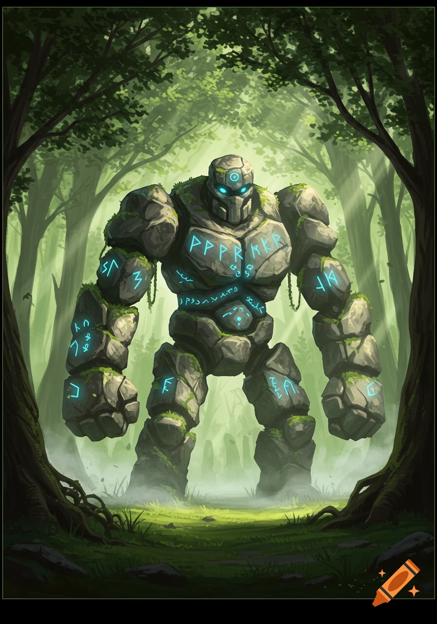 A large, moss-covered stone golem with glowing blue runes stands in a lush, misty forest.