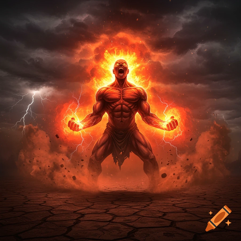 A muscular, fiery humanoid figure screams, engulfed in flames, with lightning from its hands, on cracked earth under a stormy sky.