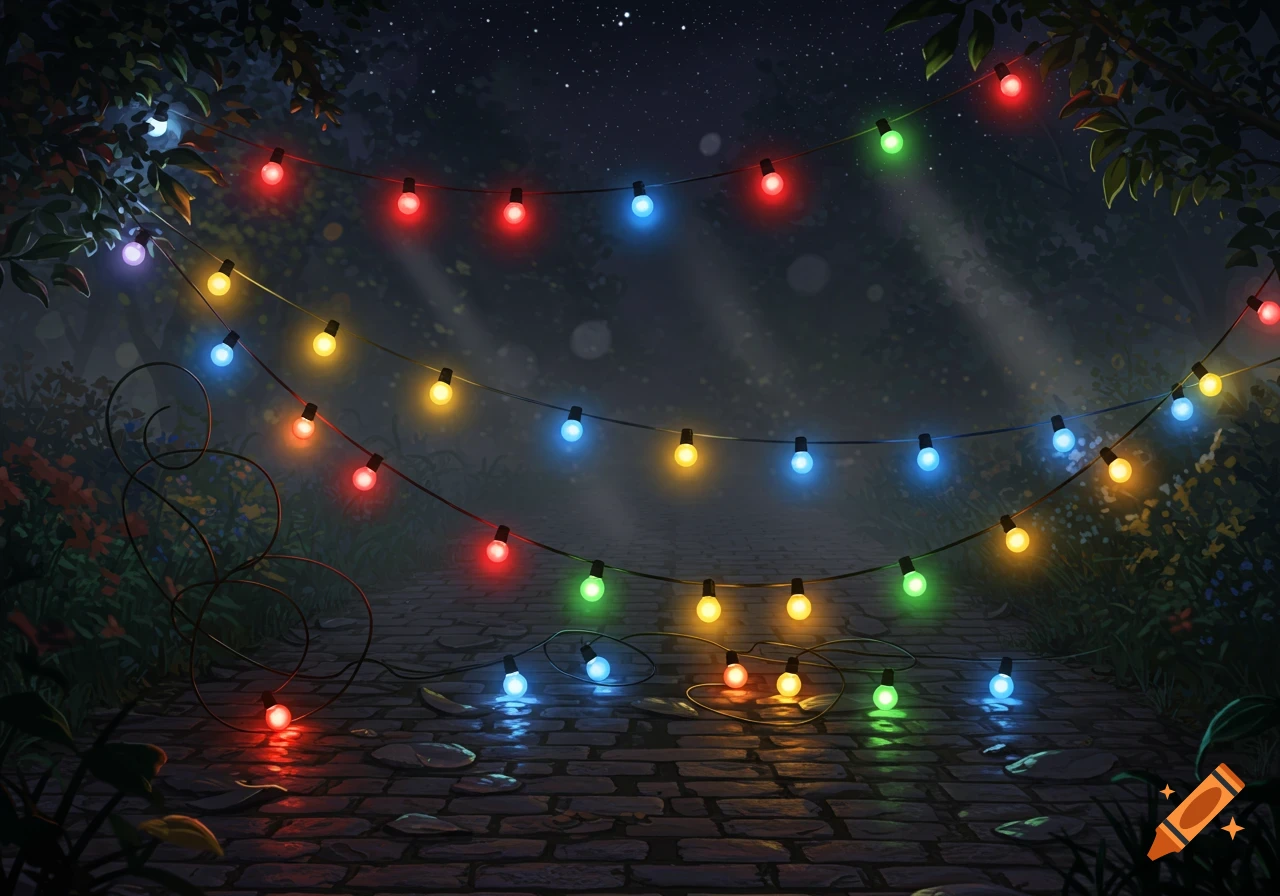 A dark night scene featuring multiple strands of colorful fairy lights illuminating a cobblestone path through a garden.