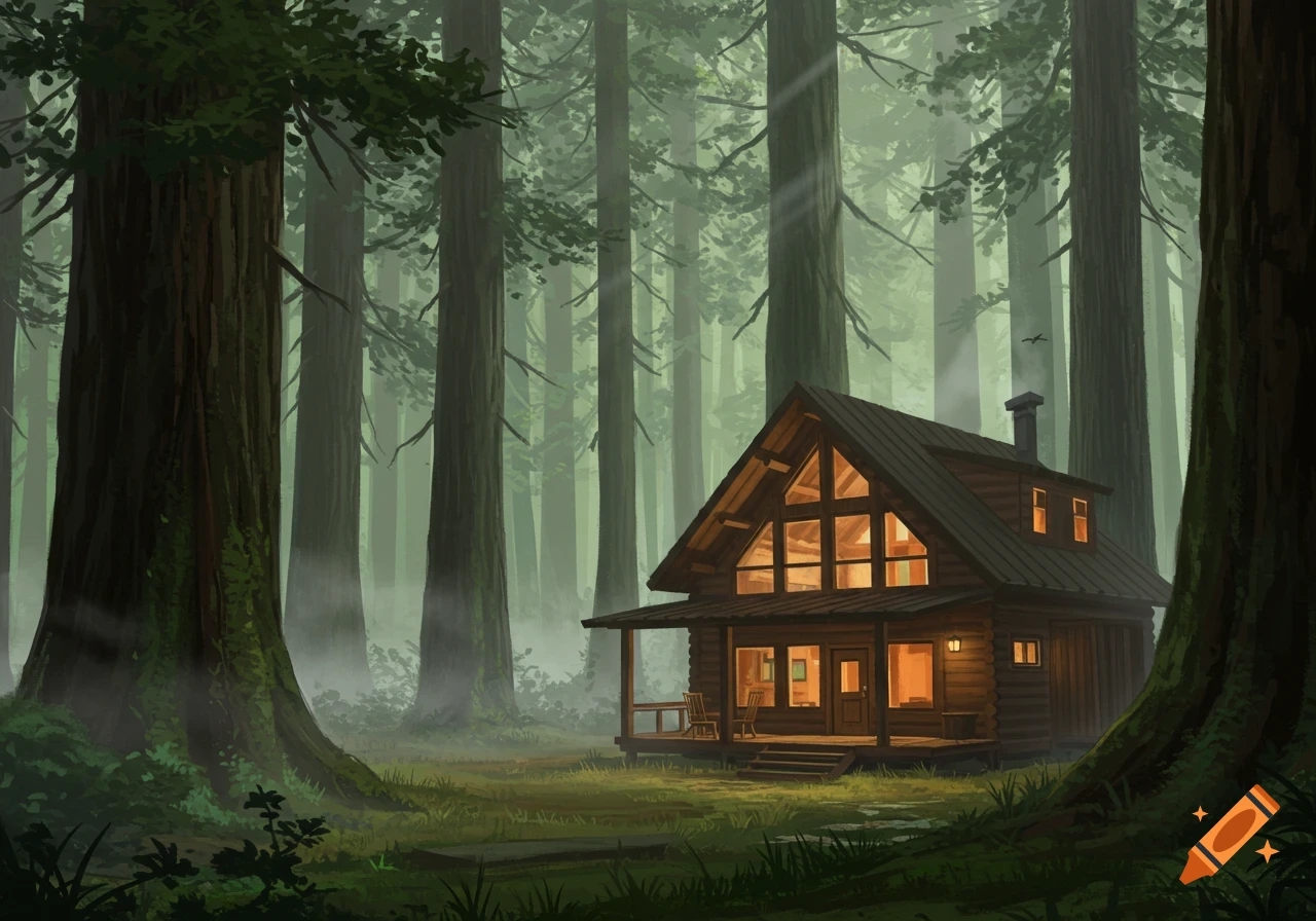 Cozy wooden cabin with glowing windows in a misty redwood forest, digital painting.