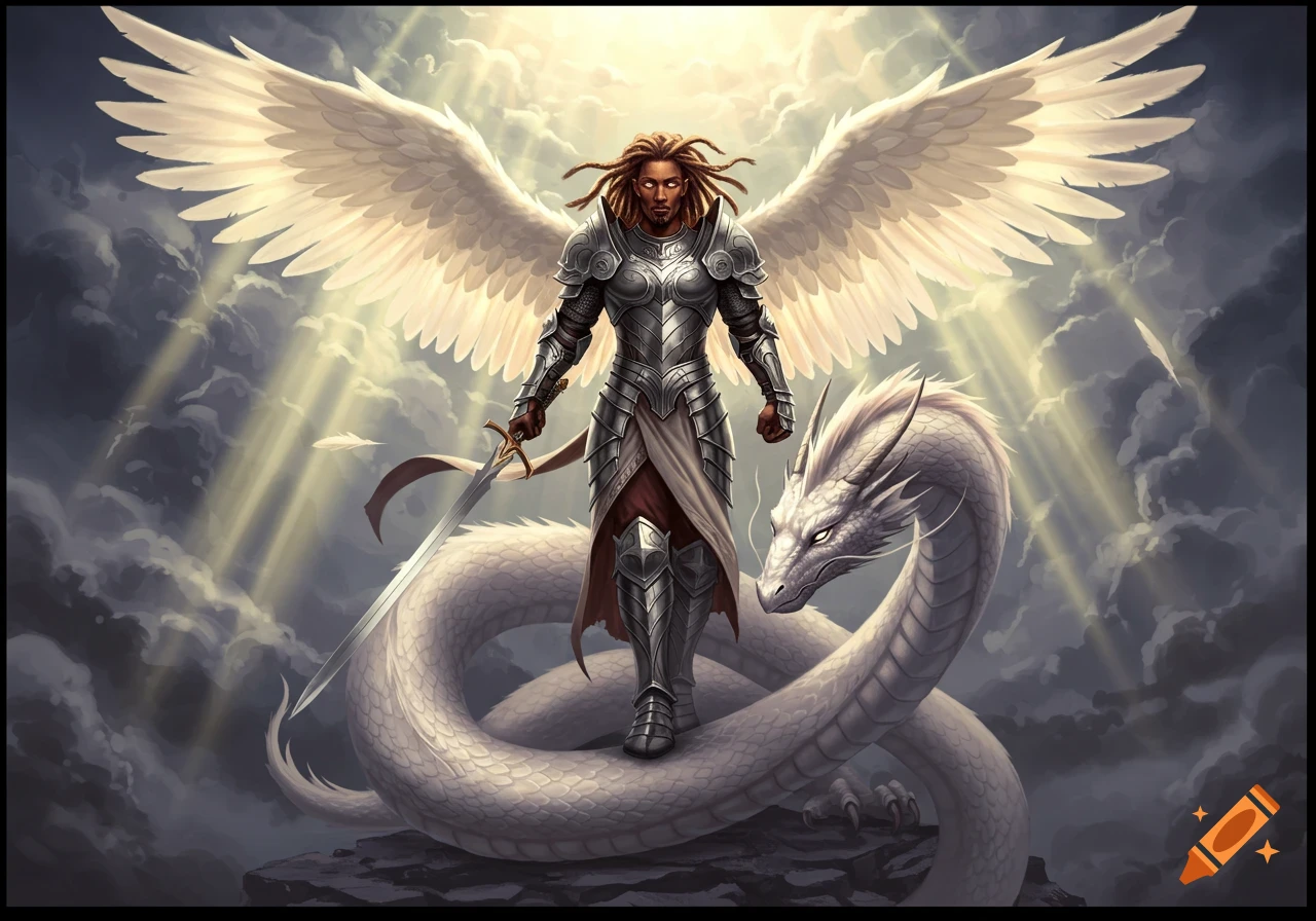 A majestic fantasy guardian with dreadlocks and silver armor, holding a sword, stands beside a white dragon under a sunlit stormy sky.