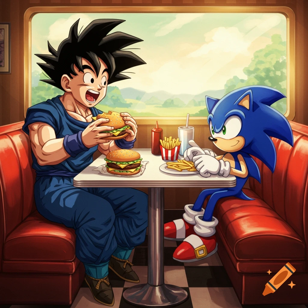 Goku and Sonic the Hedgehog happily eating burgers and fries in an anime-style diner booth.