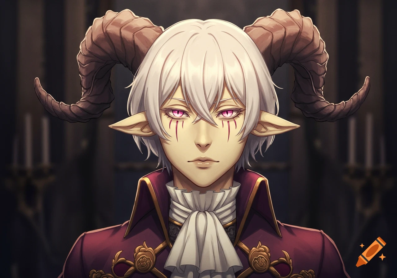 Anime portrait of a pale man with white hair, pink goat eyes, red facial markings, pointed ears, and large horns, wearing a red medieval coat.