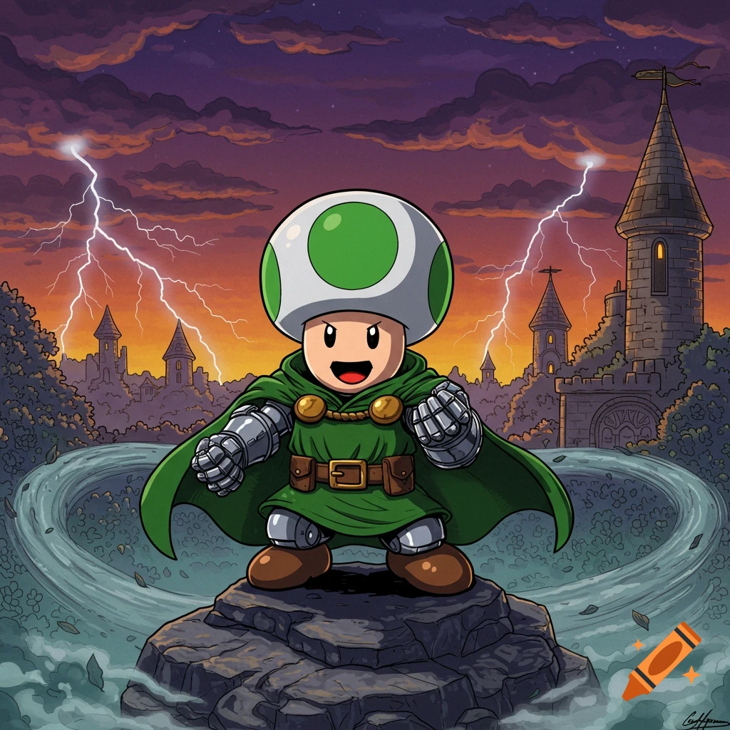 Toad from Mario dressed as Dr. Doom, standing on a rock with lightning, castles, and stormy skies in the background in a cartoon style.