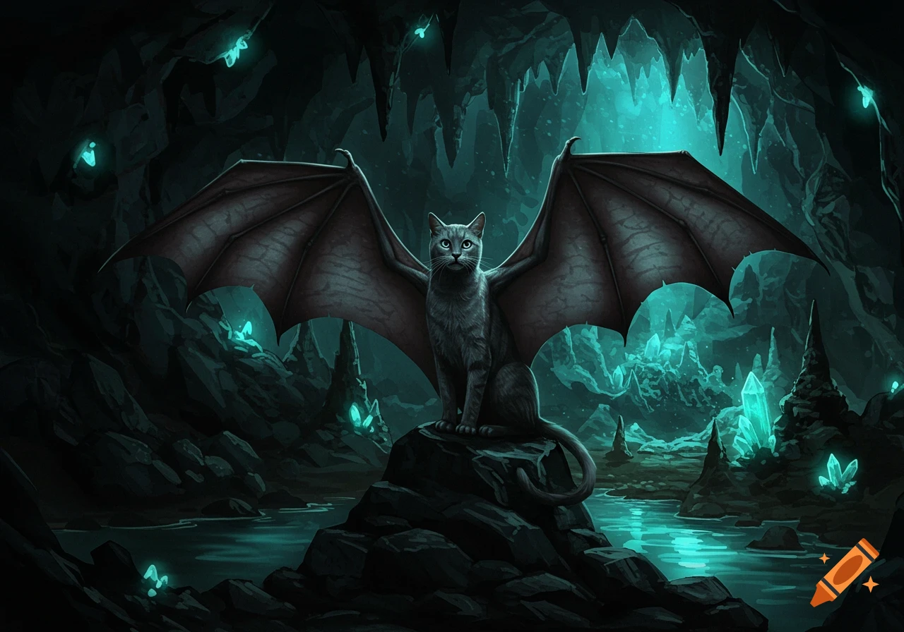 A majestic gray cat with large bat wings sits on a rock in a dark cave illuminated by glowing blue-green crystals, digital art.