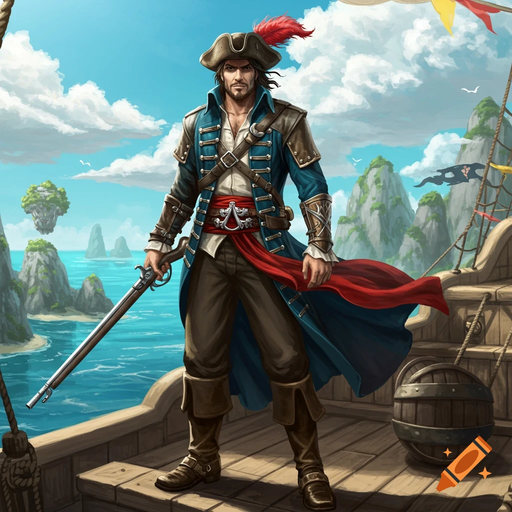 A male pirate in a blue coat and tricorn hat stands on a ship deck, holding a musket, with a tropical sea and islands in the background.