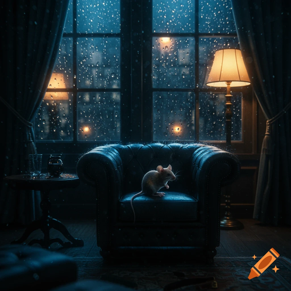 A small mouse sits thoughtfully on a dark leather armchair in a classic room, with raindrops visible on the window glass on a moody, rainy night.