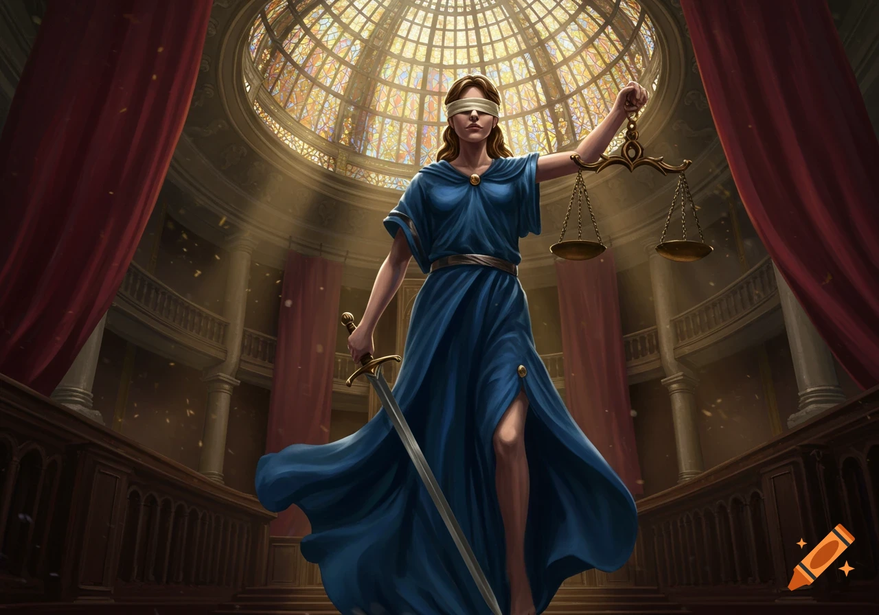 Blindfolded Lady Justice in a blue gown holds scales and a sword in a grand hall with a stained-glass dome.
