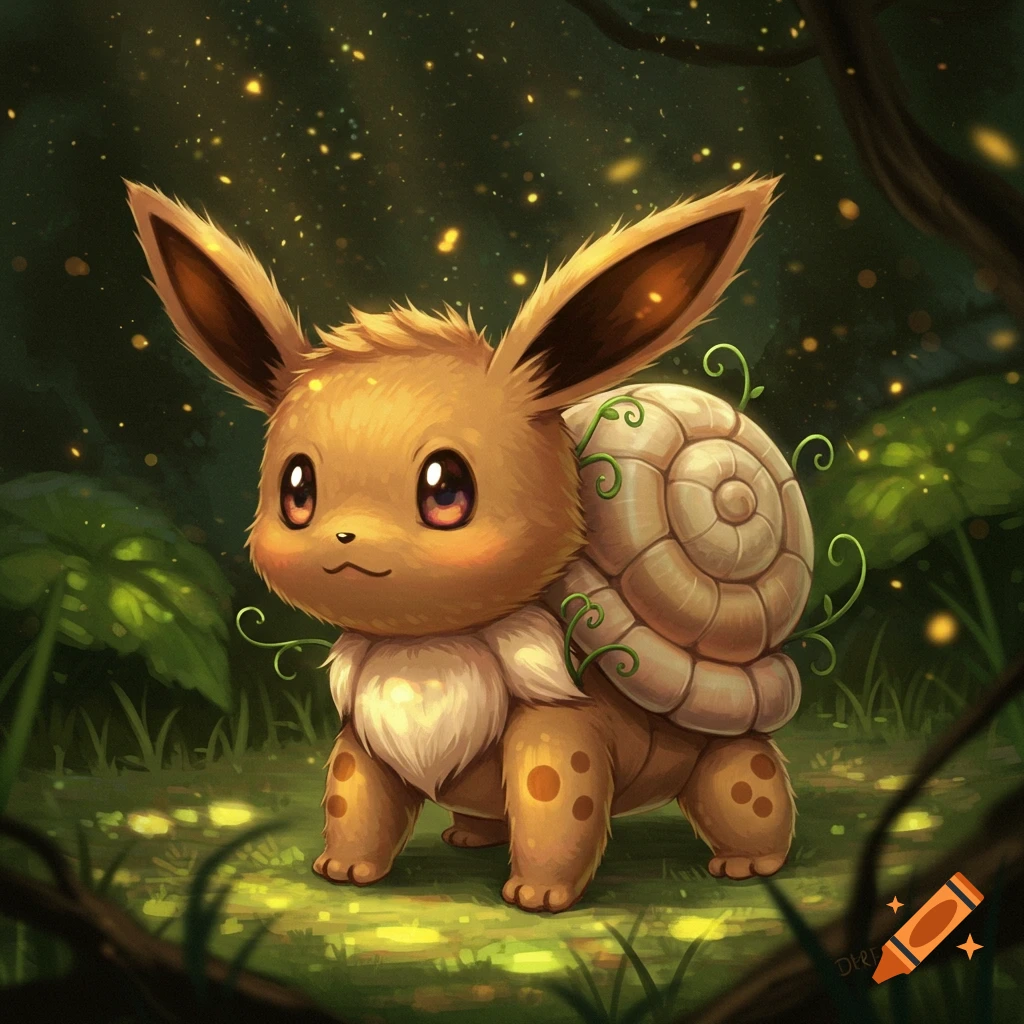 A cute, brown, furry Eevee-Shuckle hybrid with large ears and a snail-like shell on its back, in an enchanted forest with glowing lights. Digital art.