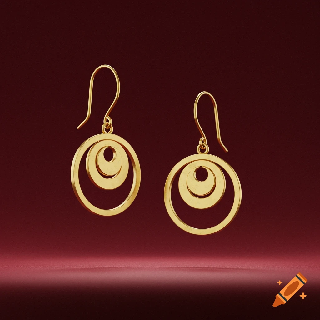 A pair of shiny gold concentric circle dangle earrings against a rich red background.