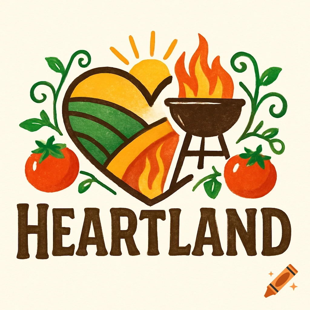 Rustic logo for Heartland featuring a heart with fields, sun, BBQ grill, tomatoes, and green vines.
