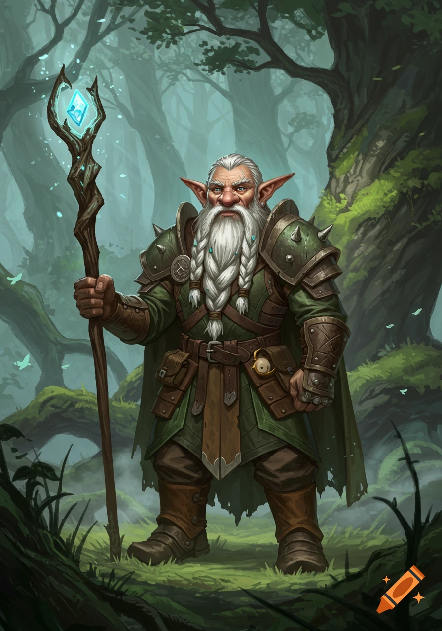 A wise-looking male forest gnome with a long white braided beard and green studded leather armor holds a glowing staff in a mystical forest.