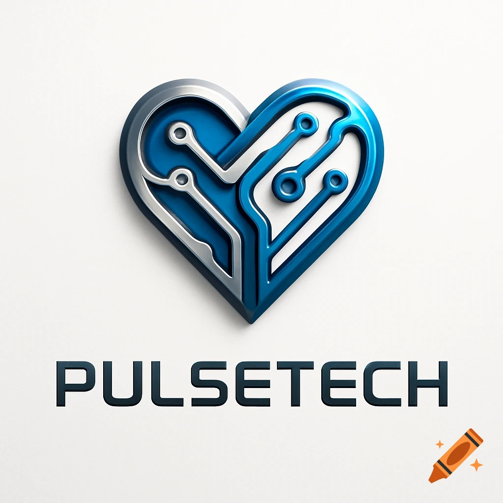 A 3D rendered metallic and blue heart logo with circuit board design, above the word PULSETECH.