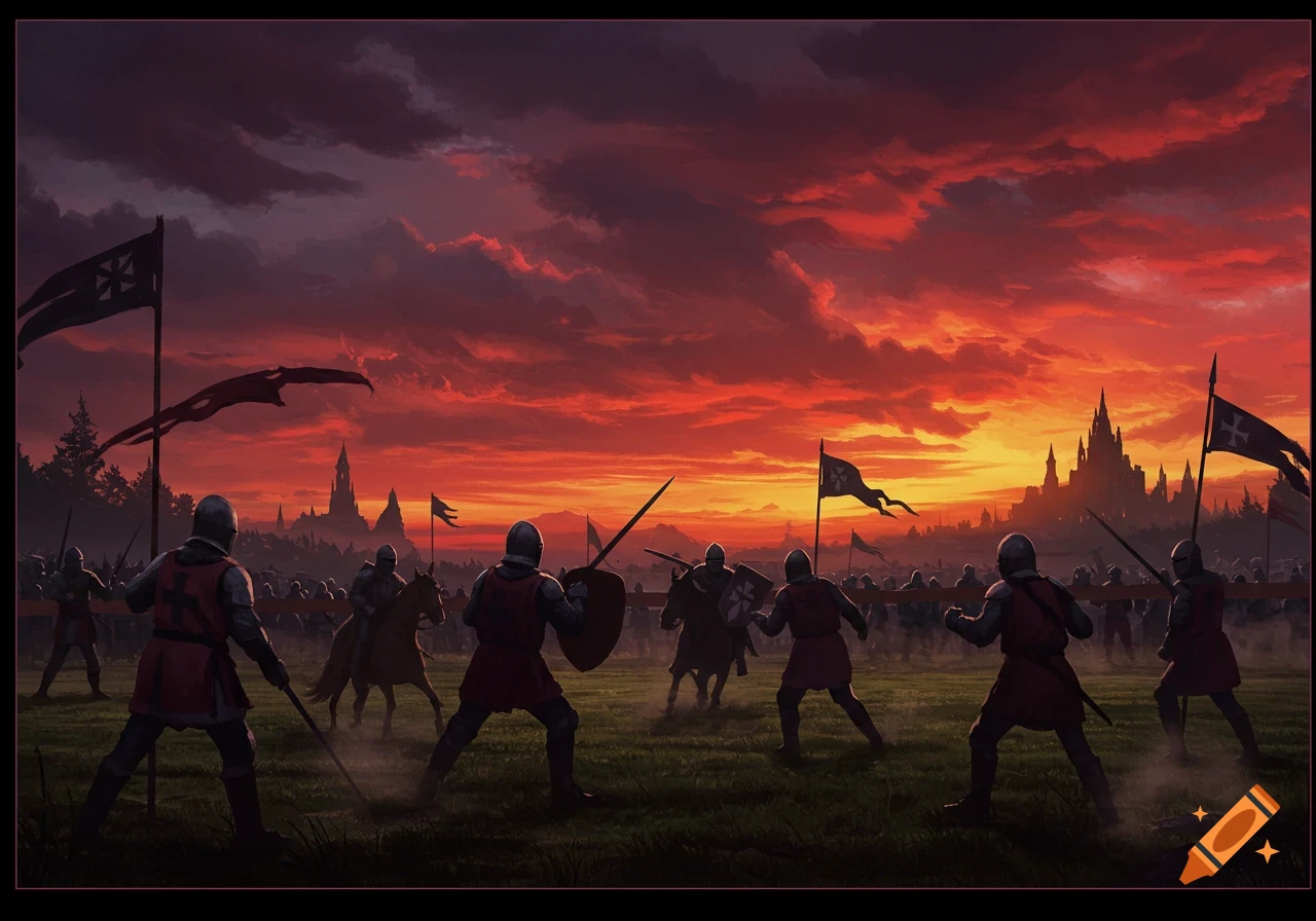 Medieval knights in armor stand on a grassy field under a dramatic red and orange sunset, with castles and flags in the background.