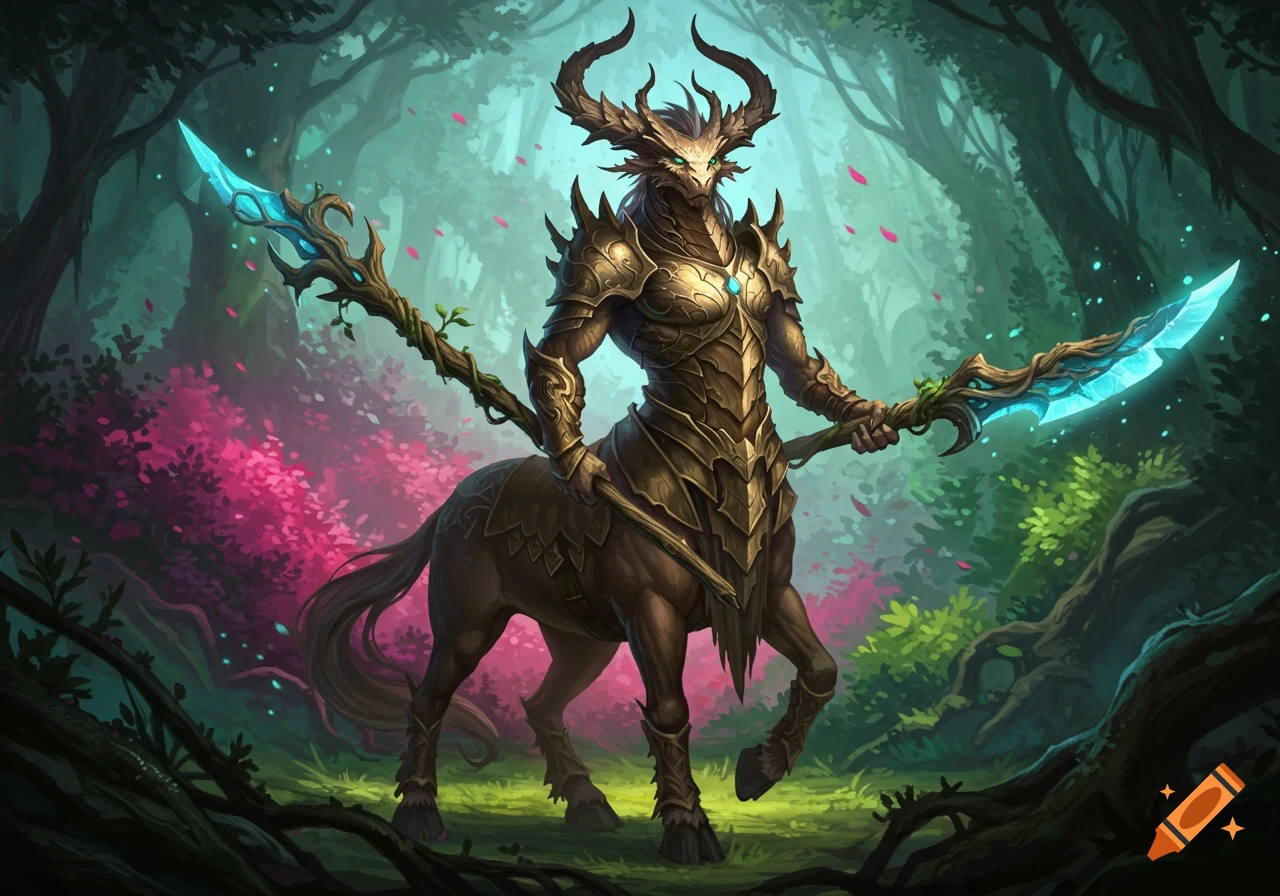 An armored centaur-dragon creature with large horns stands in a mystical forest, holding a glowing blue-bladed, vine-wrapped glaive.