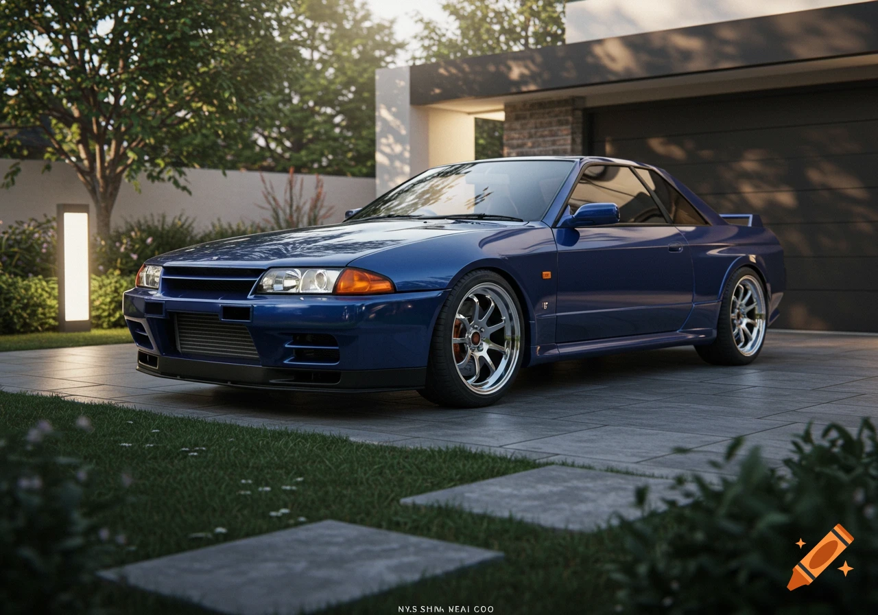 Photorealistic rendering of a blue Nissan Skyline R32 parked on a paved driveway in front of a modern house.
