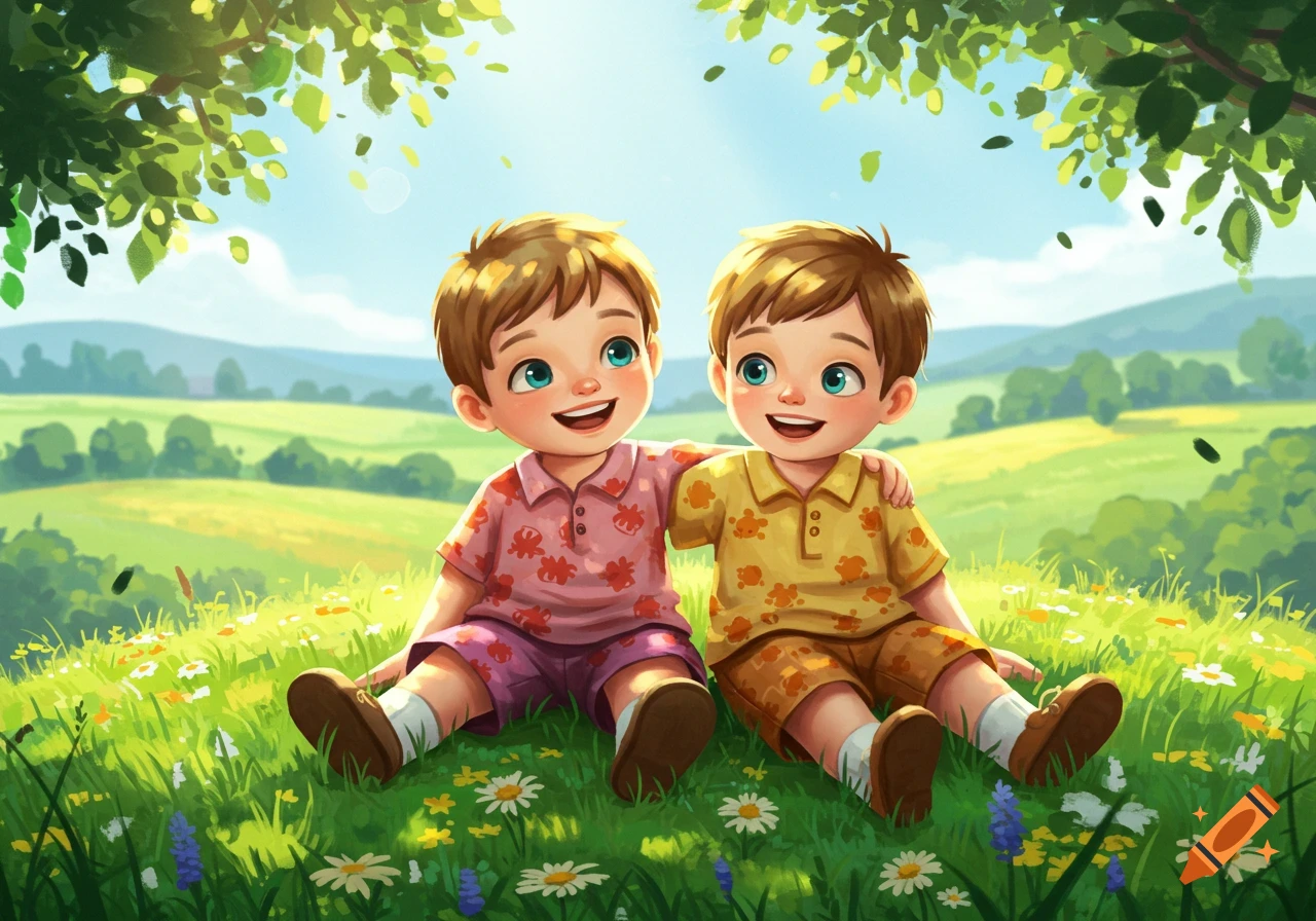 Two happy cartoon boys with big blue eyes sit in a sunny green field under trees with wildflowers.