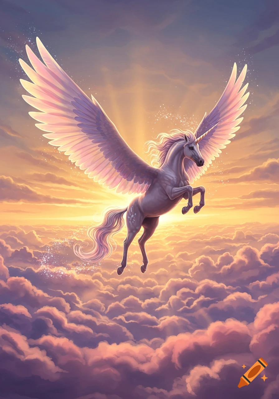 A majestic winged unicorn with a golden horn flies through a vibrant sunset sky filled with pink and purple clouds.