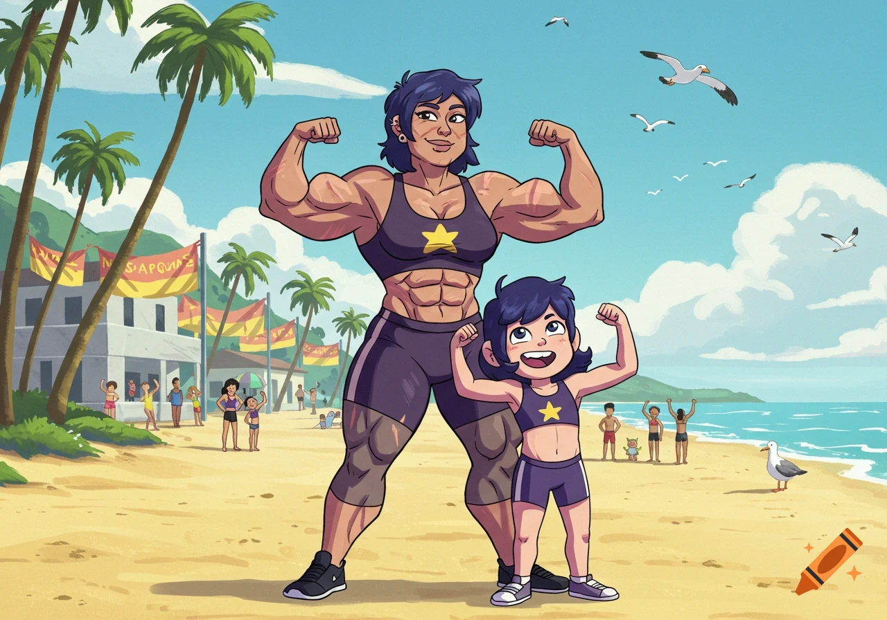 A muscular woman and a child, both with dark hair, flex their biceps on a sunny beach, cartoon style.