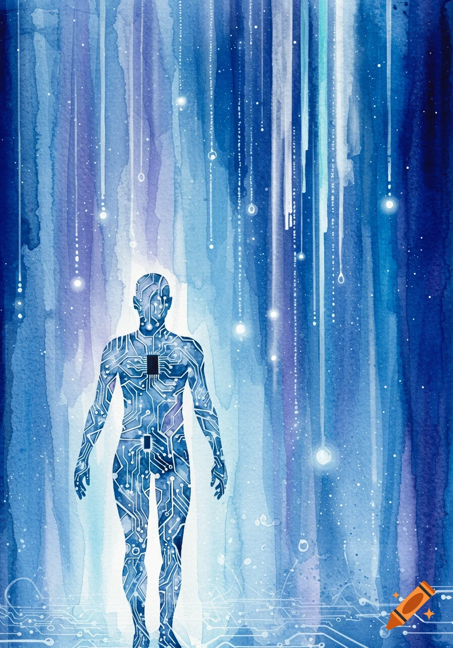 Watercolor illustration of a human silhouette with circuit board patterns on a blue, flowing digital background.