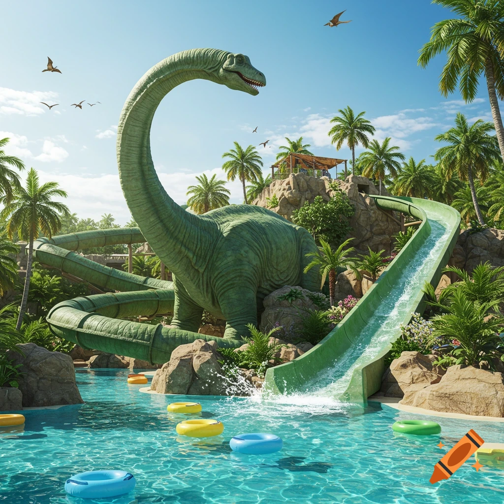 A large green dinosaur forms a water slide in a tropical water park with inner tubes in blue water and palm trees under a sunny sky.