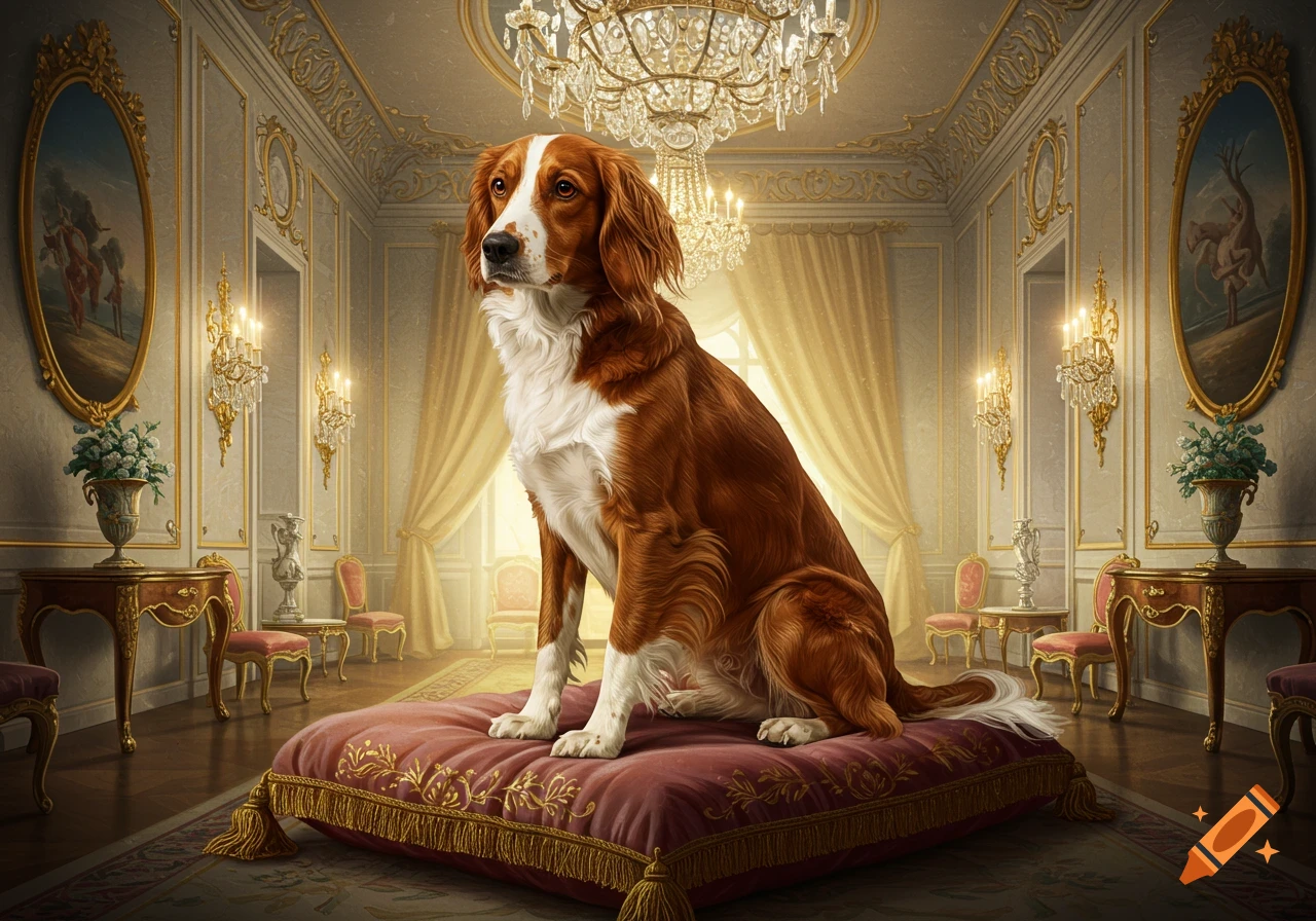A regal brown and white dog sits on a red cushion in a lavish rococo room with gold decor and chandeliers.