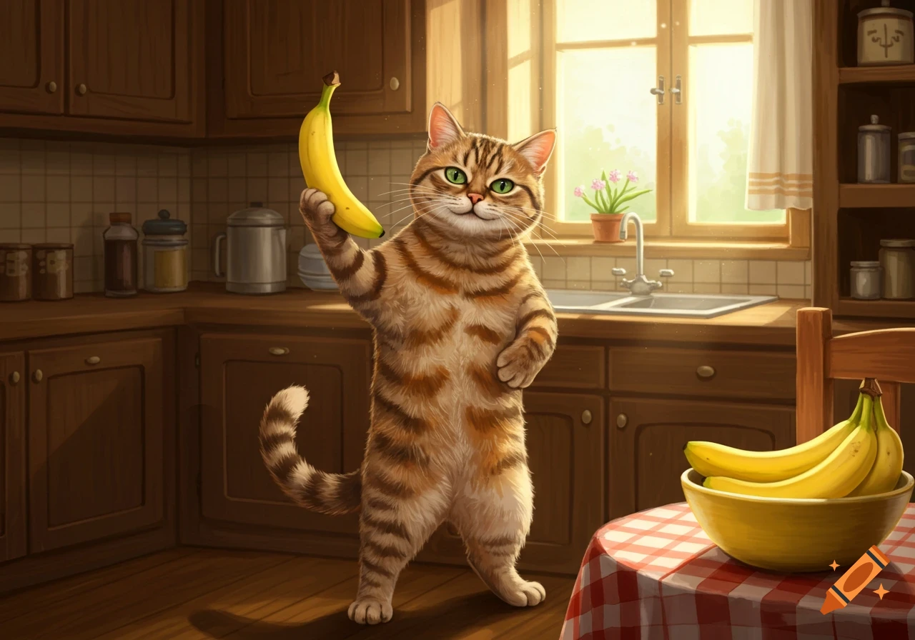 An illustrated bipedal cat stands in a kitchen, holding a banana like a gun.