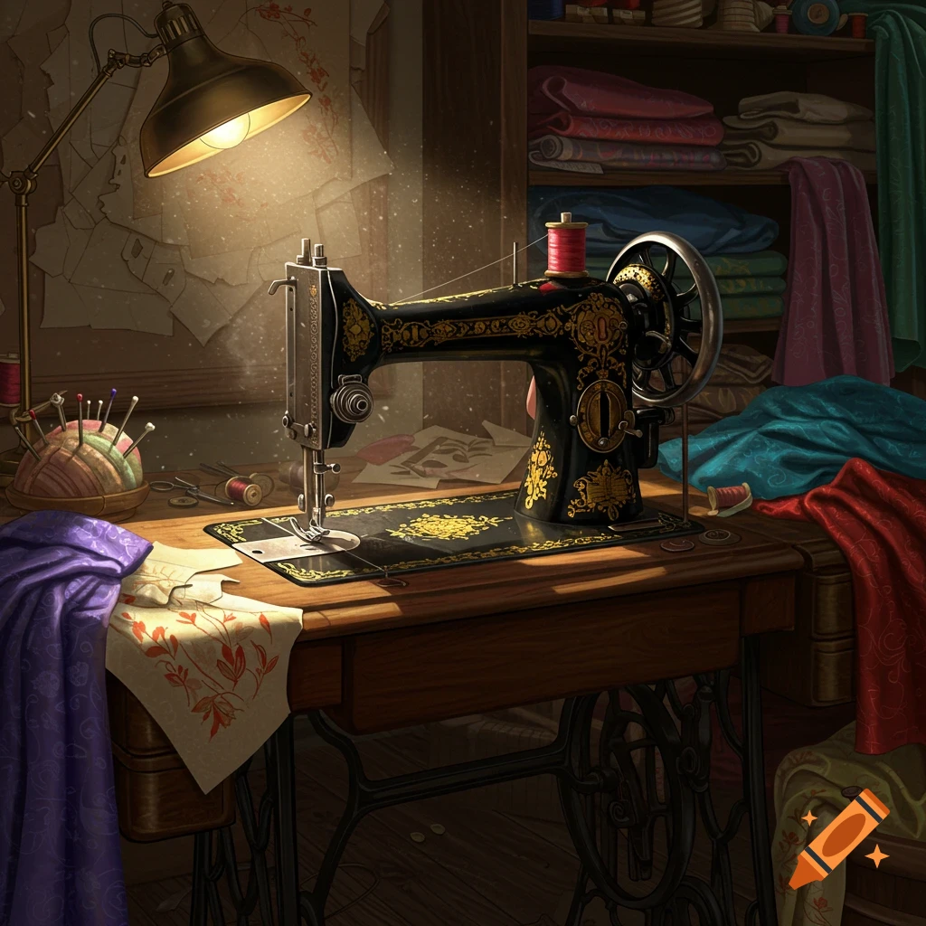 A vintage black and gold sewing machine sits on a wooden desk, illuminated by a warm lamp, surrounded by colorful fabrics and sewing supplies.