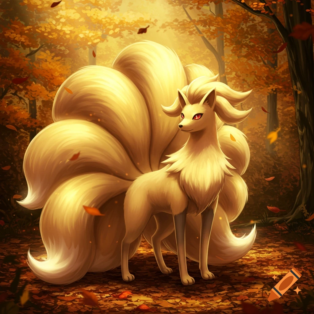 A golden Ninetales, a nine-tailed fox Pokemon, stands in a vibrant autumn forest with falling leaves in a digital art style.