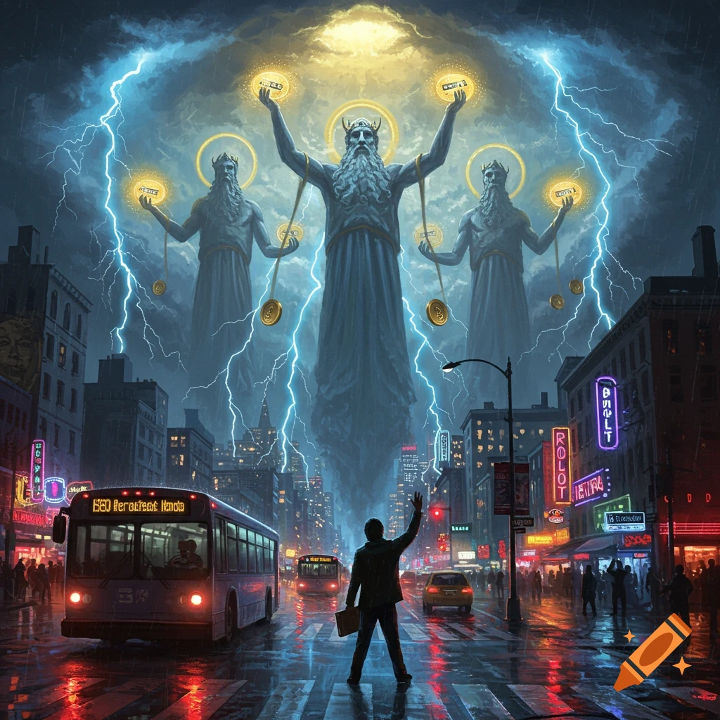 Three colossal, bearded god-like statues loom over a rainy, neon-lit city street, with lightning striking around them. A person stands in the foreground, raising an arm to a passing bus.