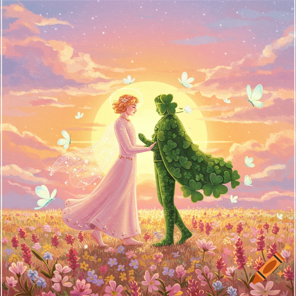 Angelic figure in pink dress holding hands with a clover-covered person in a vibrant wildflower field at sunset, with butterflies.