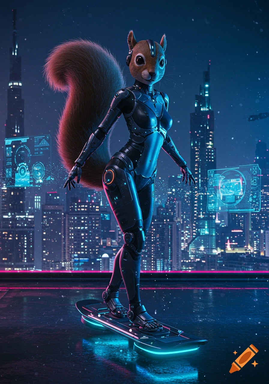 A photorealistic anthropomorphic squirrel in a black armored suit stands on a hoverboard on a rooftop overlooking a neon-lit cyberpunk city.