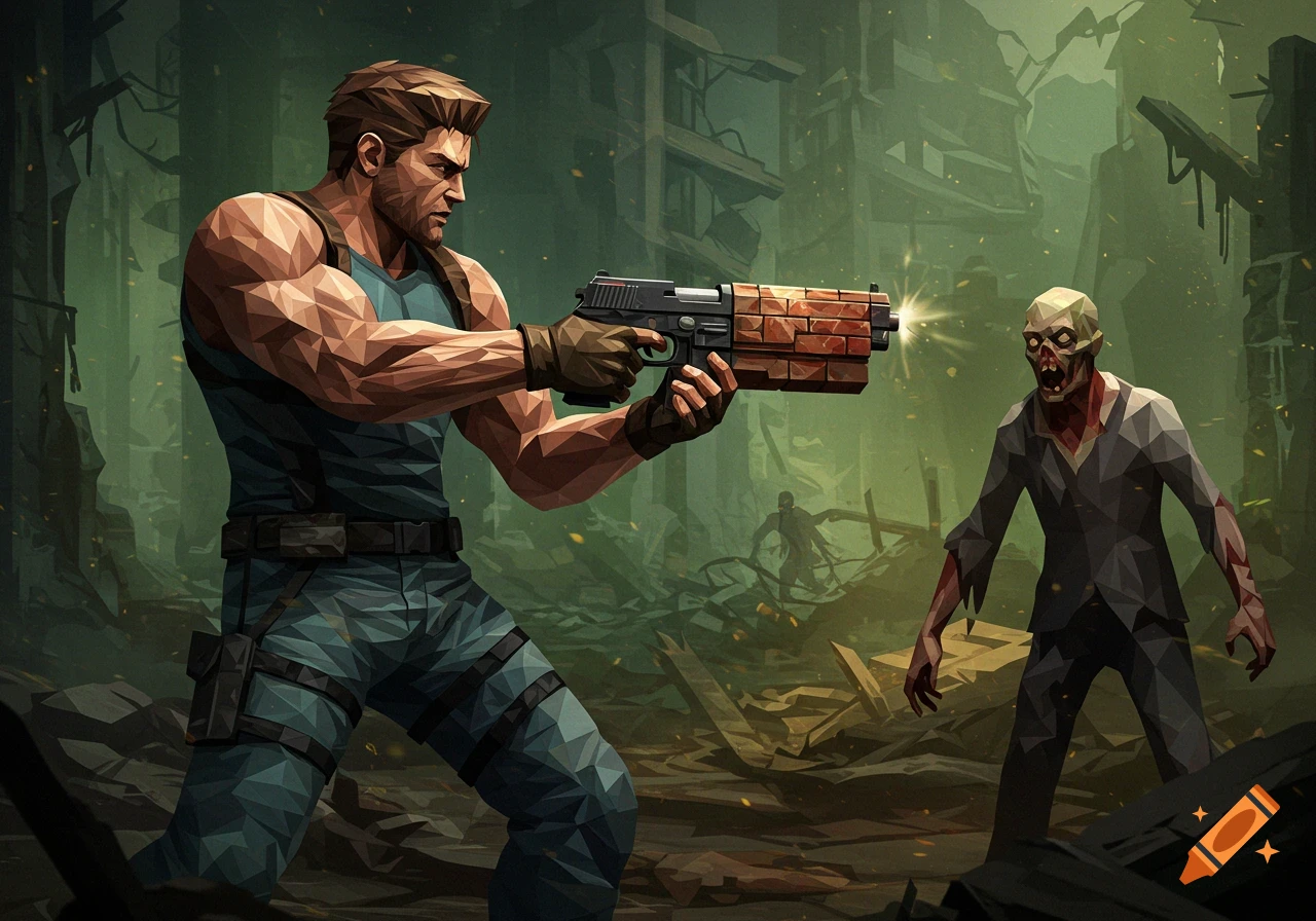 Polygonal Chris Redfield aims a brick-textured gun at a zombie in a ruined, green post-apocalyptic scene.