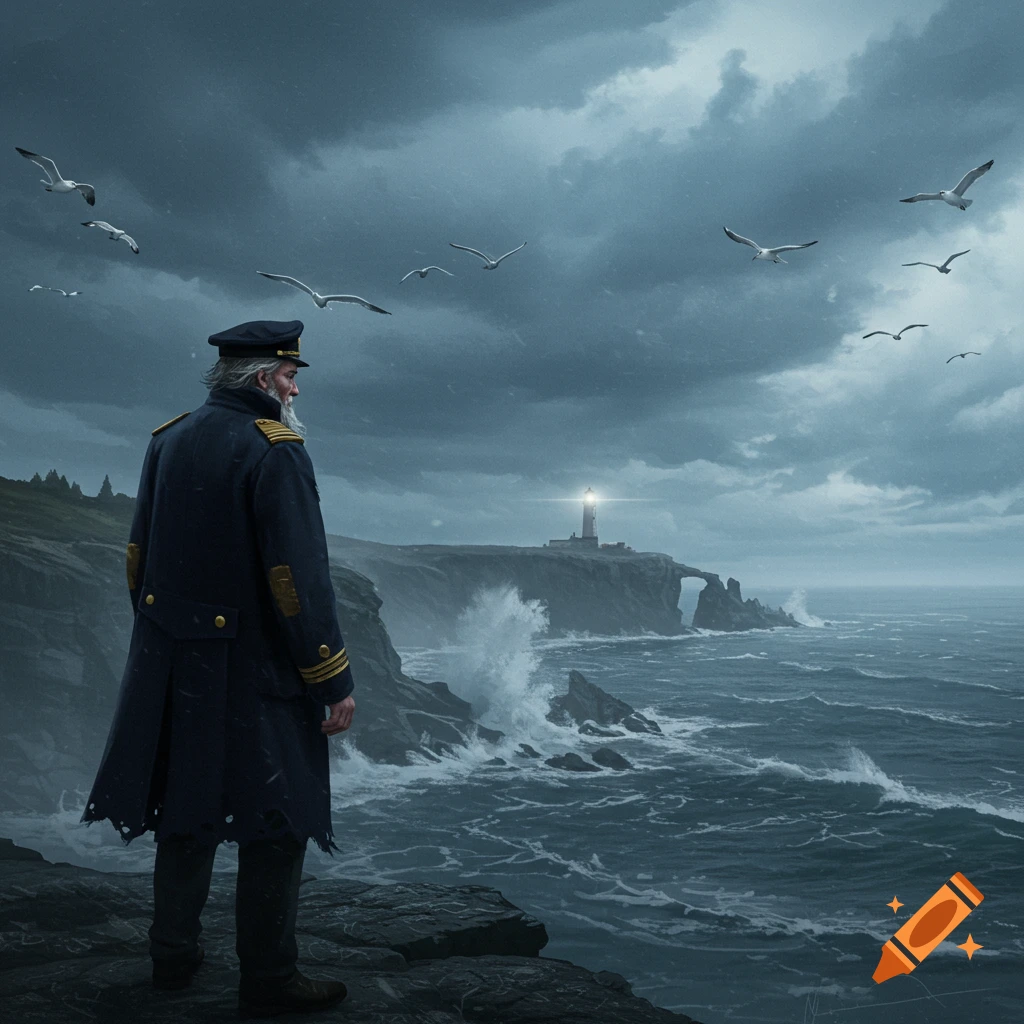 Bearded sea captain in a long coat stands on a stormy cliff overlooking a turbulent sea with a distant lighthouse and flying seagulls.