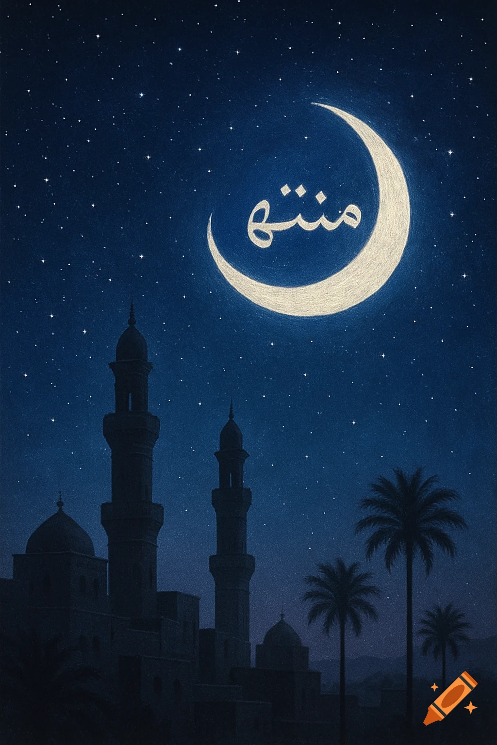 Stylized night scene with dark minarets and palm trees under a starry blue sky, a large crescent moon with Arabic text 'منتهى'.