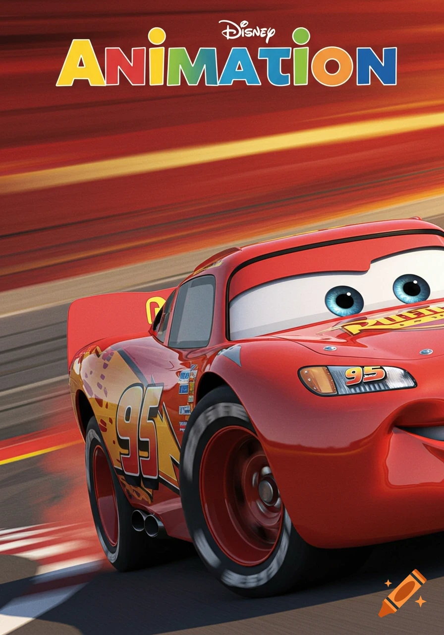 Lightning McQueen races on a track with "Disney Animation" above. Cartoon style.
