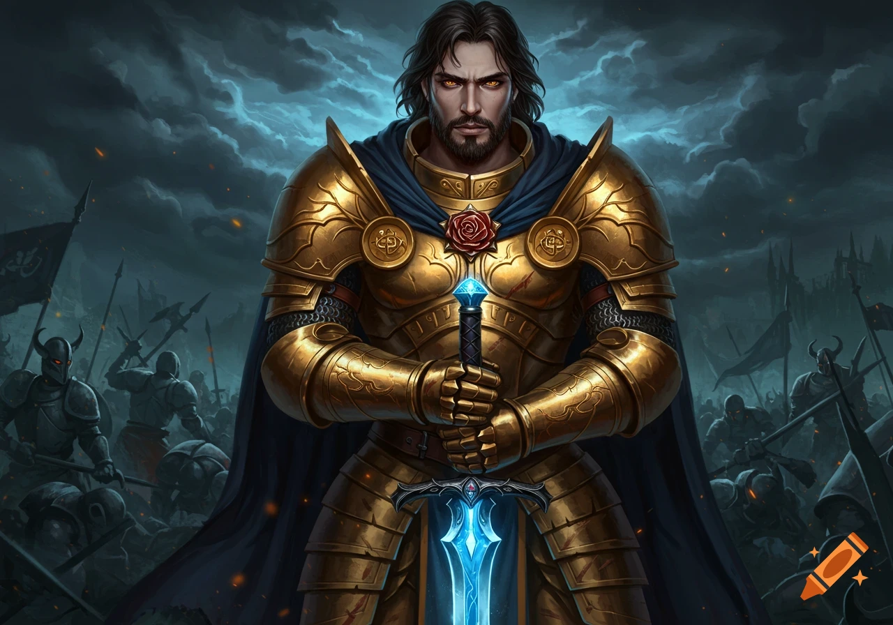 A man in golden armor with a dark blue cape holds a glowing blue sword on a chaotic fantasy battlefield.