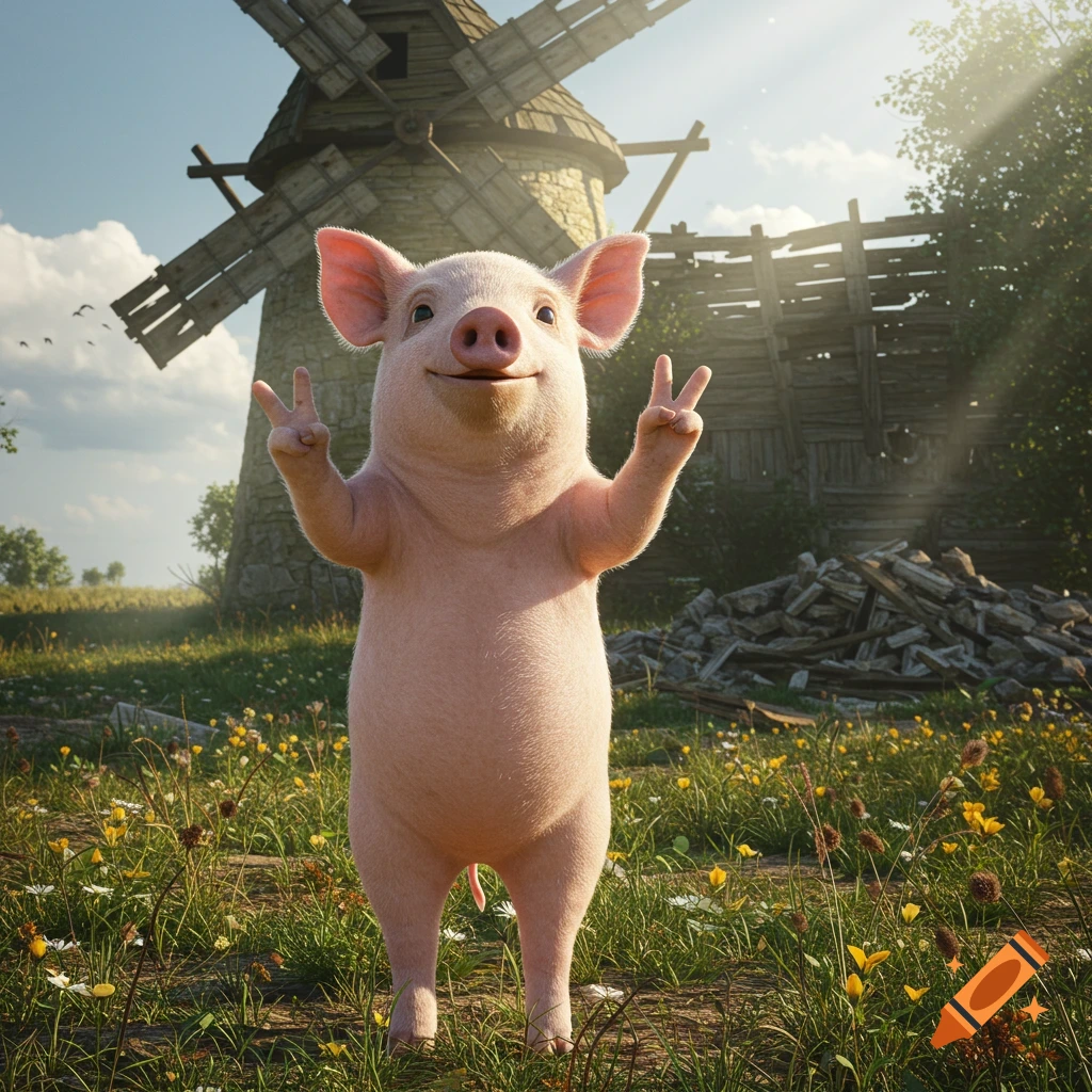 A smiling, photorealistic pig makes peace signs in a sunny, grassy field with a ruined windmill in the background.